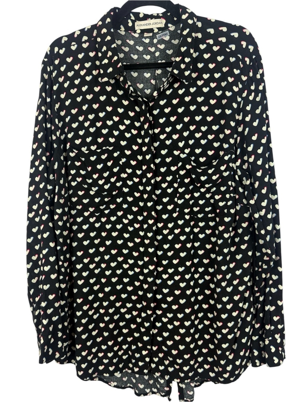Alexander Jordan Heart Print Ruffle Hem Button Down Blouse Black 1X